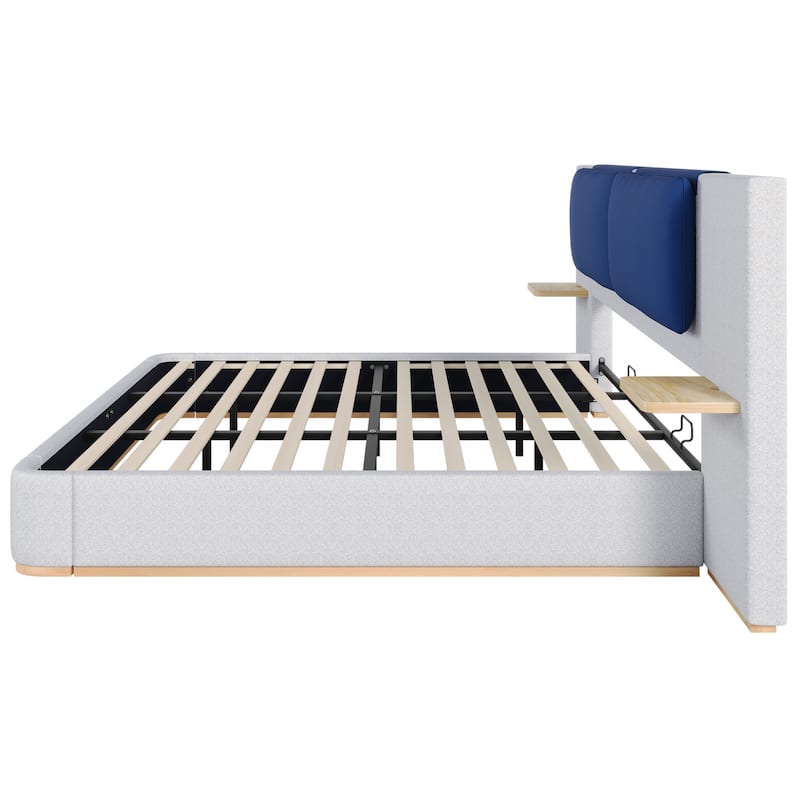 Roomfitters King Size Upholstered Platform Bed Frame, Modern Panel Headboard with Rounded Corners, Solid Wood Slats