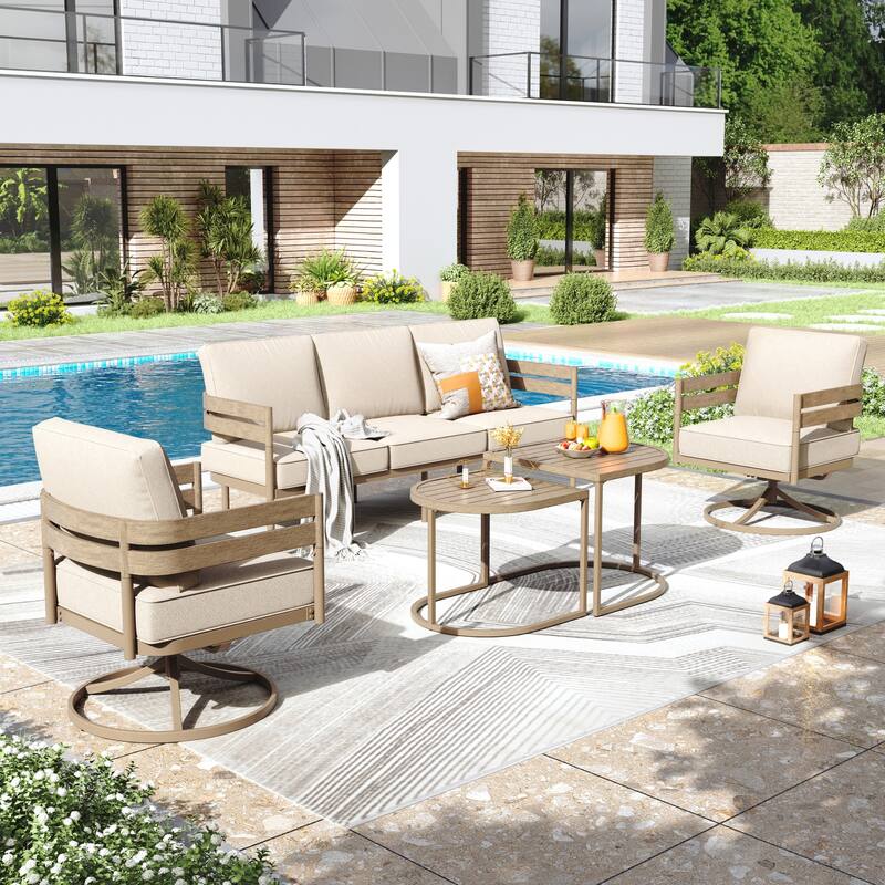 MAISON ARTS 5-Seater Patio Conversation Set Curved Metal Wood-Like Sofa Set - Swivel Single Sofa