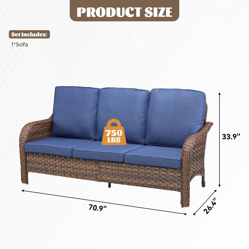 Cavira Brown Wicker Outdoor Patio 3-Seat Sofa with Olefin Cushions