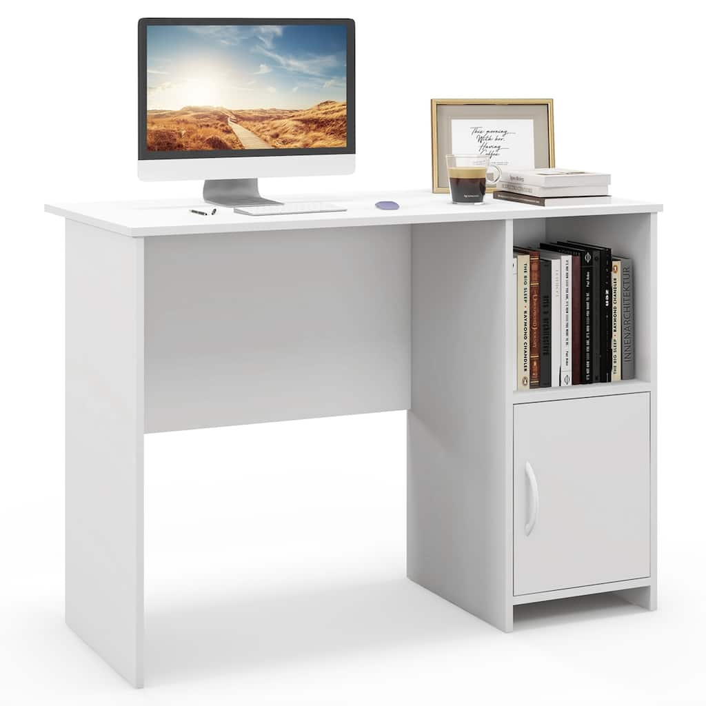 Costway Modern Computer Desk with Cabinet Cable Holes & Open Shelf