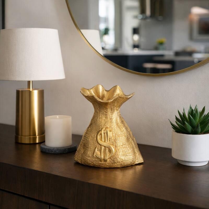 Modern Metal Money Bag Figurine Sculpture - 8", Gold & Metallic - 7.25"