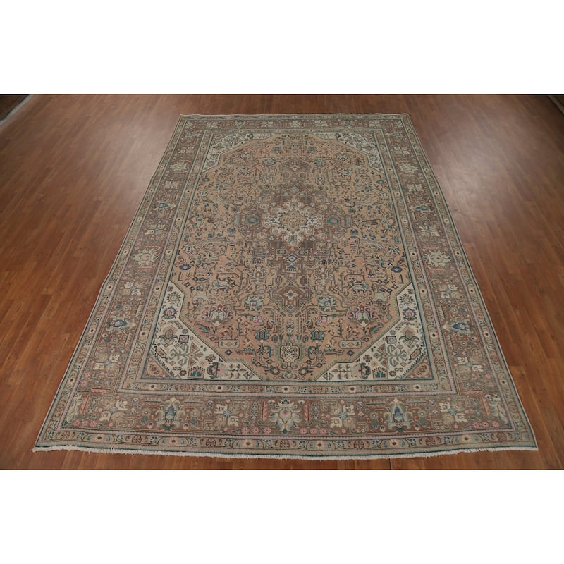 Geometric Peach Tabriz Persian Vintage Rug Hand-Knotted Wool Carpet - 8'1"x 11'3"
