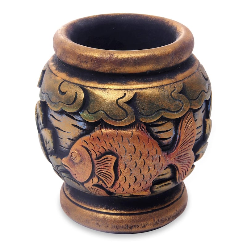 Handmade Balinese Goldfish Mahogany Decorative Vase (Indonesia)