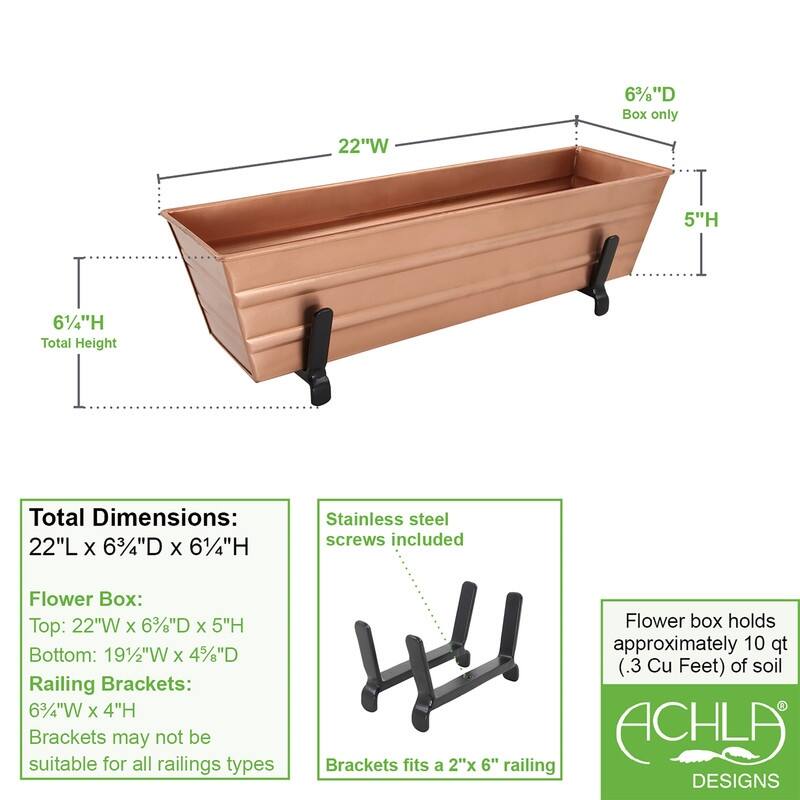 Achla Designs Small Galvanized Steel Flower Box Planter With Brackets for 2 x 6 Railings, 22 Inch Wide