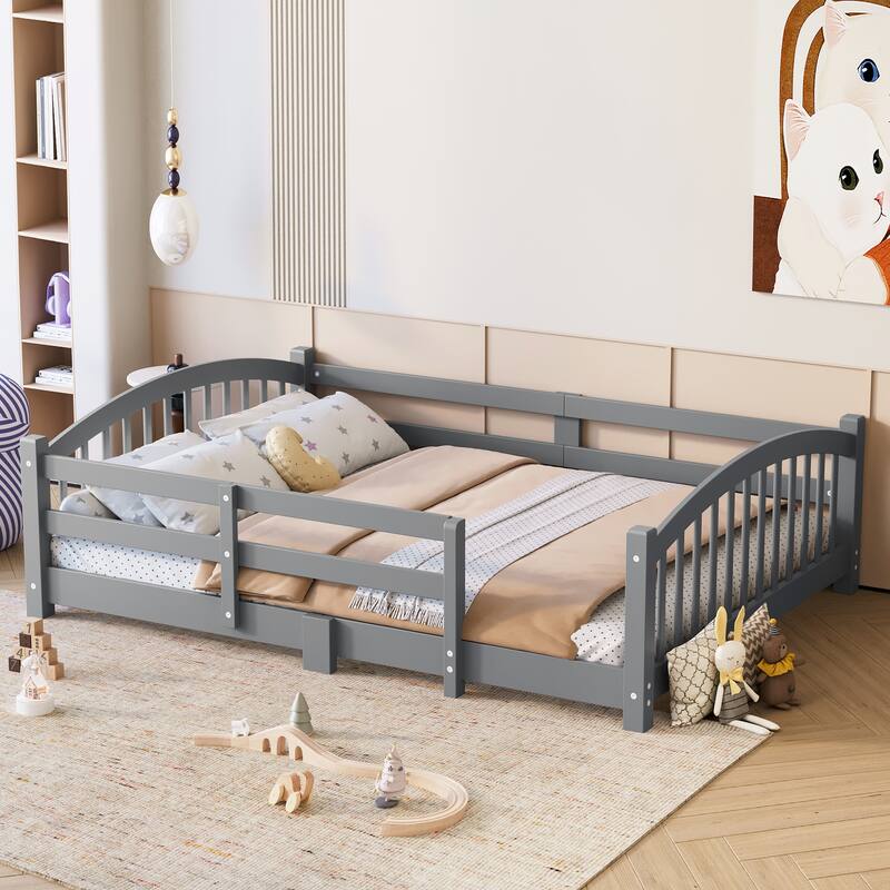 Montessori Floor Bed with Fence - Full/Twin Solid Wood, Slats & Safety Guardrails, Easy Assemble
