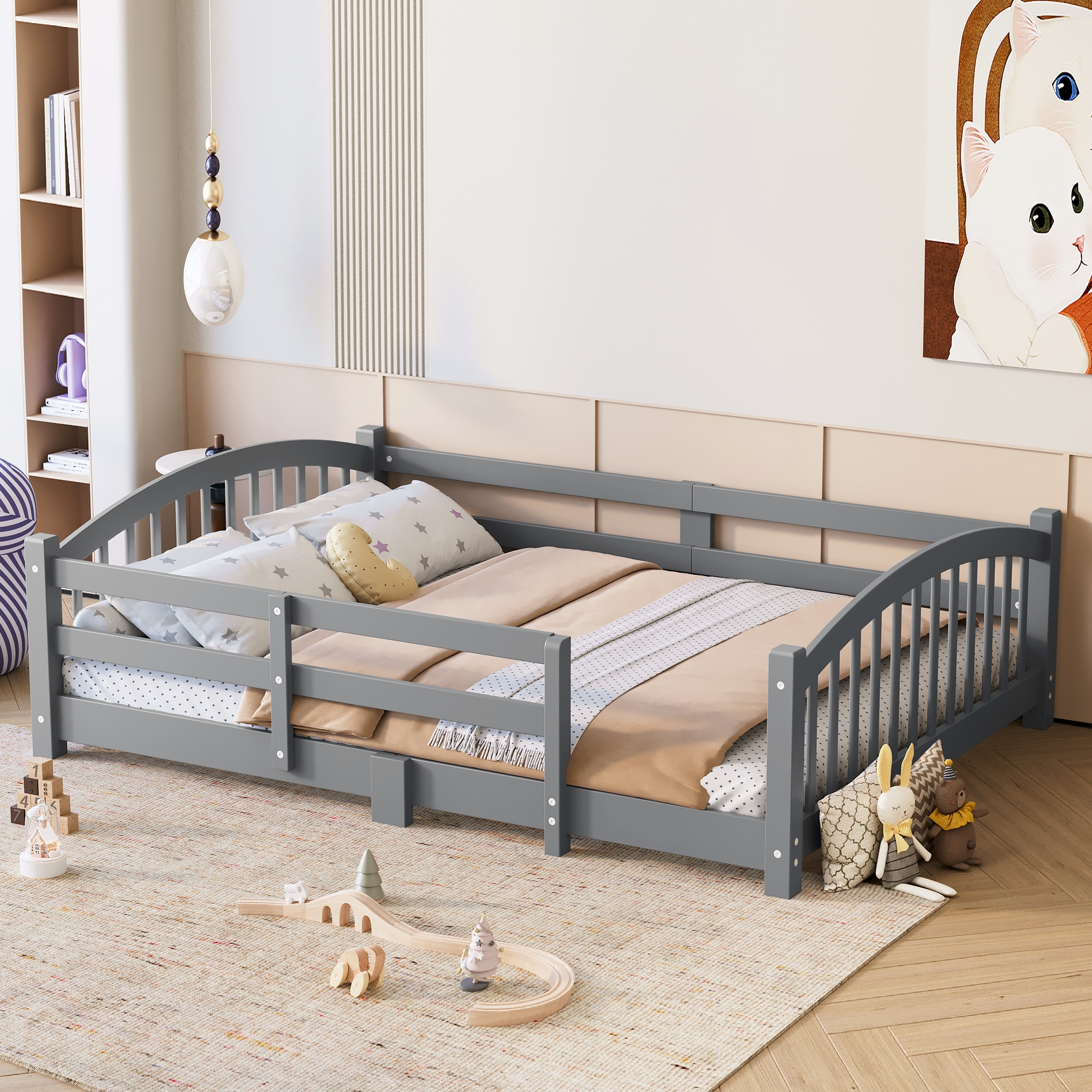Roomfitters Montessori Floor Bed with Guardrails, Solid Wood Low Platform Bed with Slats, Easy Assembly