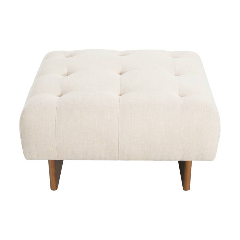 Square Upholstered Tufted Linen Fabric Ottoman, Solid Wood Legs, Beige