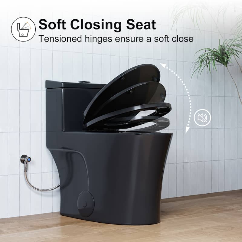 HOROW 1 Piece Dual Flush Elongated Toilet Matte Black 0.8 1.28 GPF Soft Close Seat Included - N/A