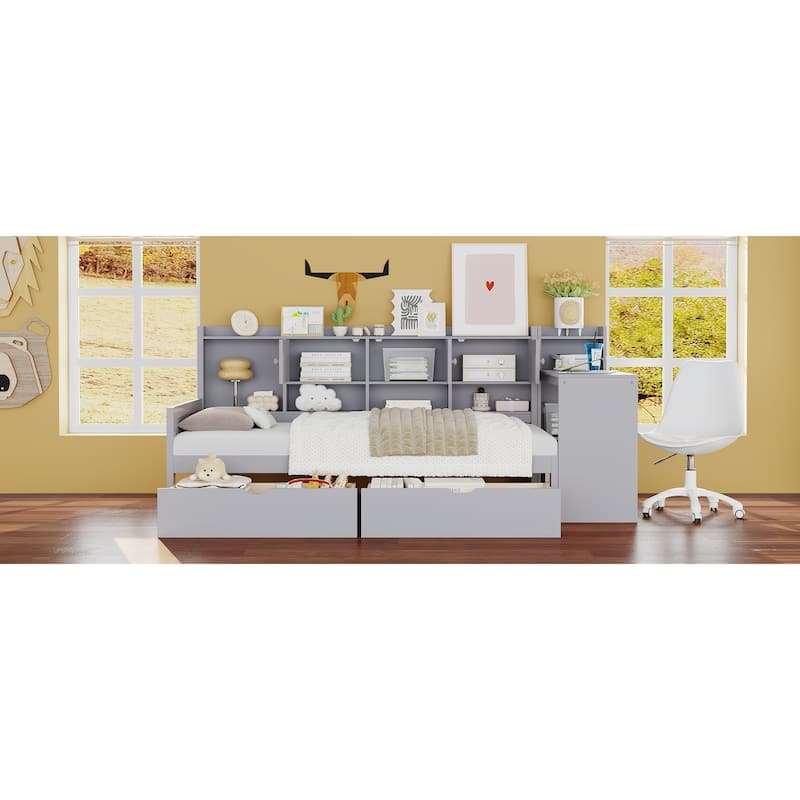 Twin Size Wood Daybed with L-Shape Design and 3 Cabinets, 2 Drawers and Built-in Study Desk