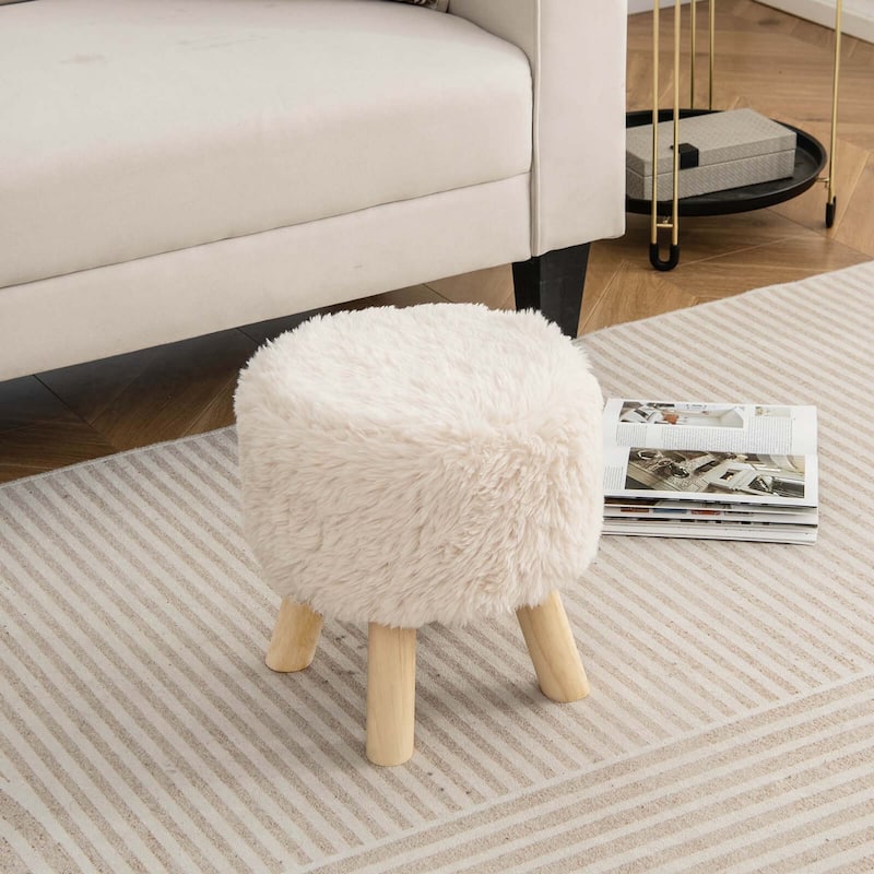 Costway Round Footstool Ottoman Faux Fur Upholstered Footrest with