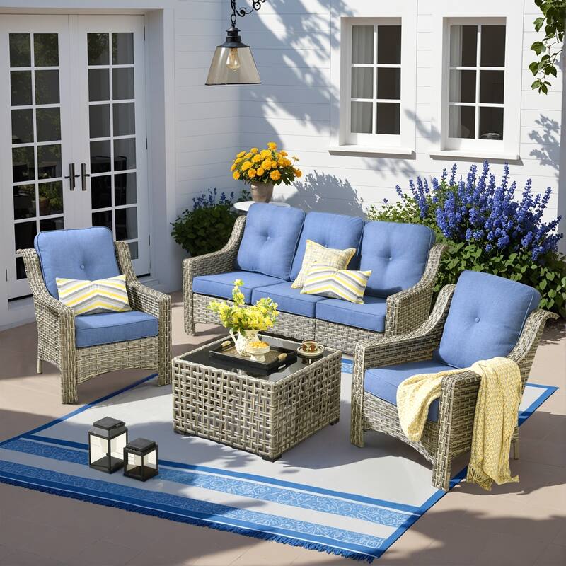 HOOOOWOOO 5-piece Wicker Rattan Patio Outdoor Furniture Ergonomic Conversation Set with Coffee Table - Diamond Blue