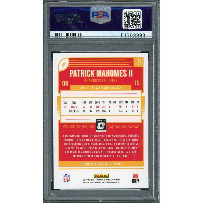 Patrick Mahomes 2018 Panini Donruss Optic Football Card #49 Graded PSA 10 - 8'6" x 11'6"