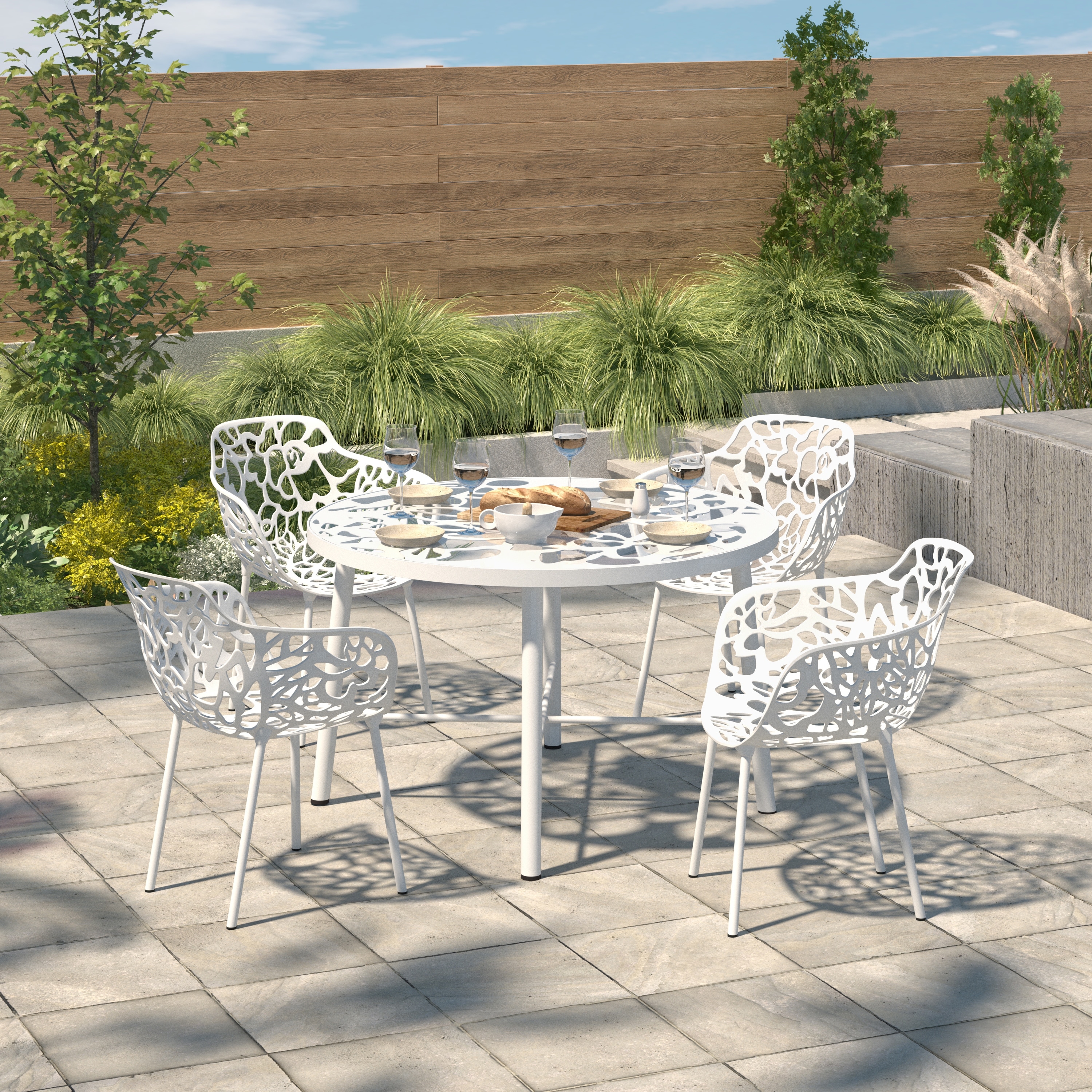 Devon Round Aluminum Patio Table - Floral Cutout Dining Table with Tempered Glass Top - Rust-Proof Indoor/Outdoor Garden Table