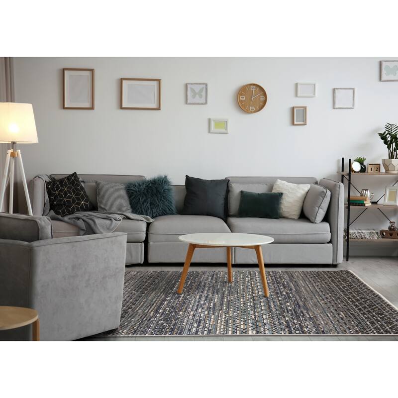 Cali Collection -Blue/Grey/White Texture Banded Pattern Rug
