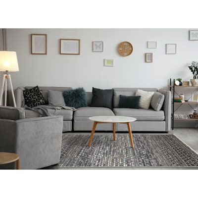 Cali Collection -Blue/Grey/White Texture Banded Pattern Rug