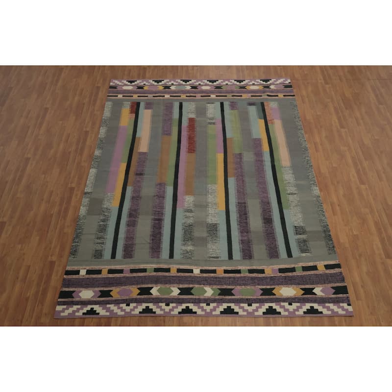 Hand Woven Oriental 100% Wool Carpet Southwestern Modern Multi-Colored Kilim Area Rug - 12' 4'' X 9' 1''