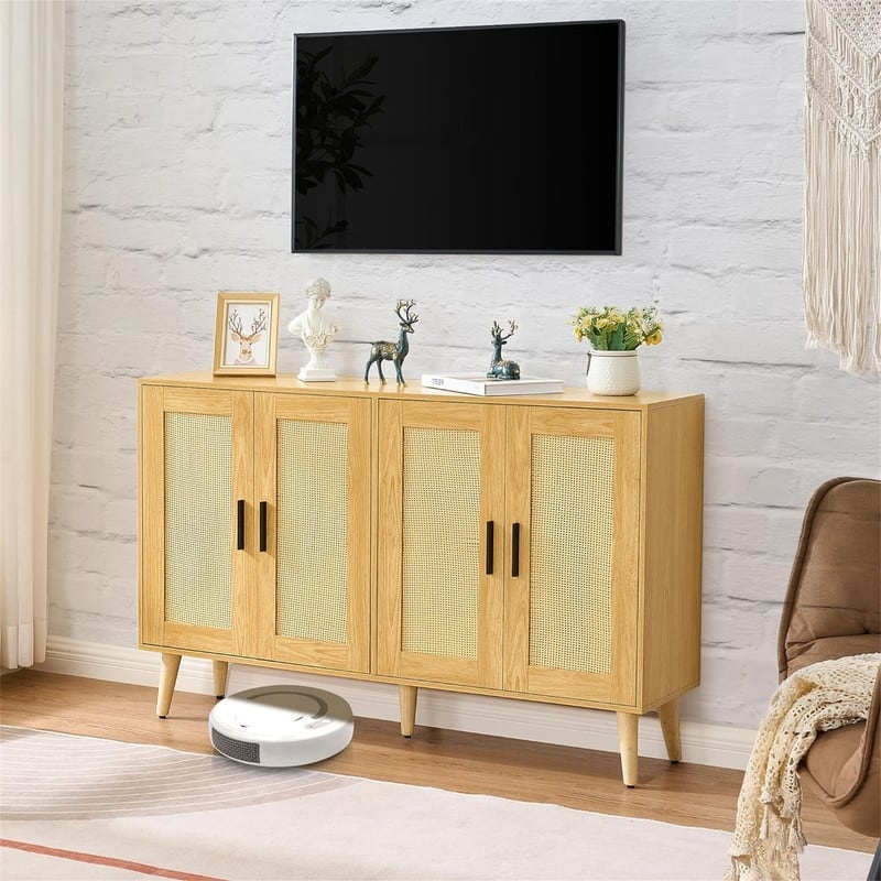 Rattan Sideboard Buffet Cabinet with 4 Doors and Adjustable Shelves - 11.8"D x 47.2"W x 29.5"H