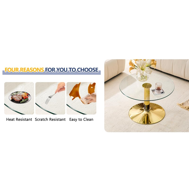 Roomfitters 27.5-Inch Round Tempered Glass Coffee Table, Metal Base, Circular Center Table, Modern Minimalist
