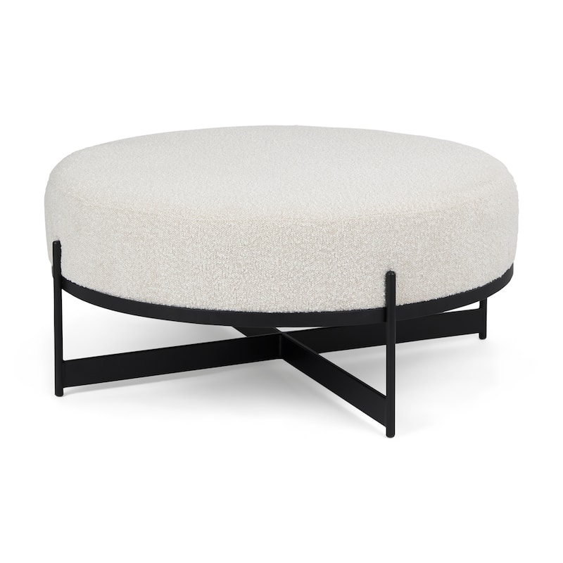 Amelia Cream Boucle Fabric with Black Metal Frame Round Ottoman - 36" Round