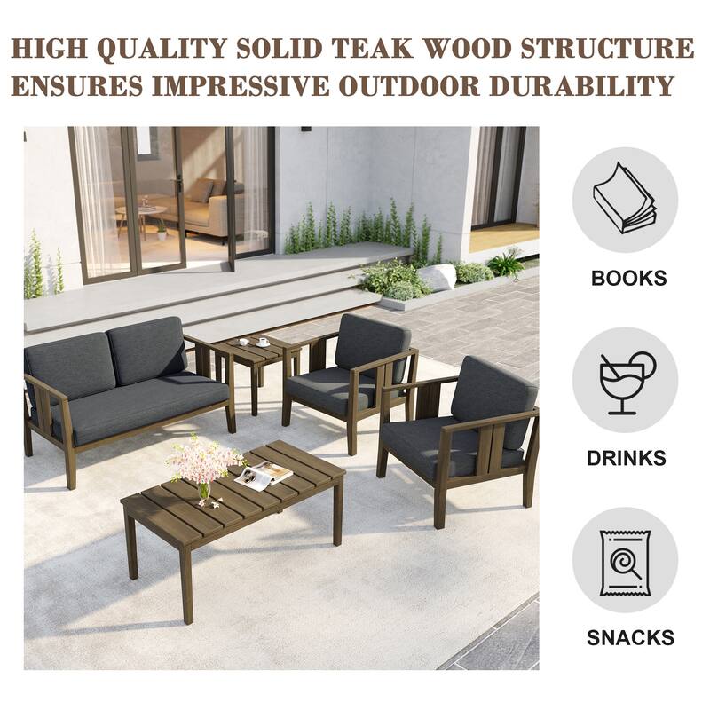 5-Piece Patio Furniture Solid Teak Outdoor Conversation Set