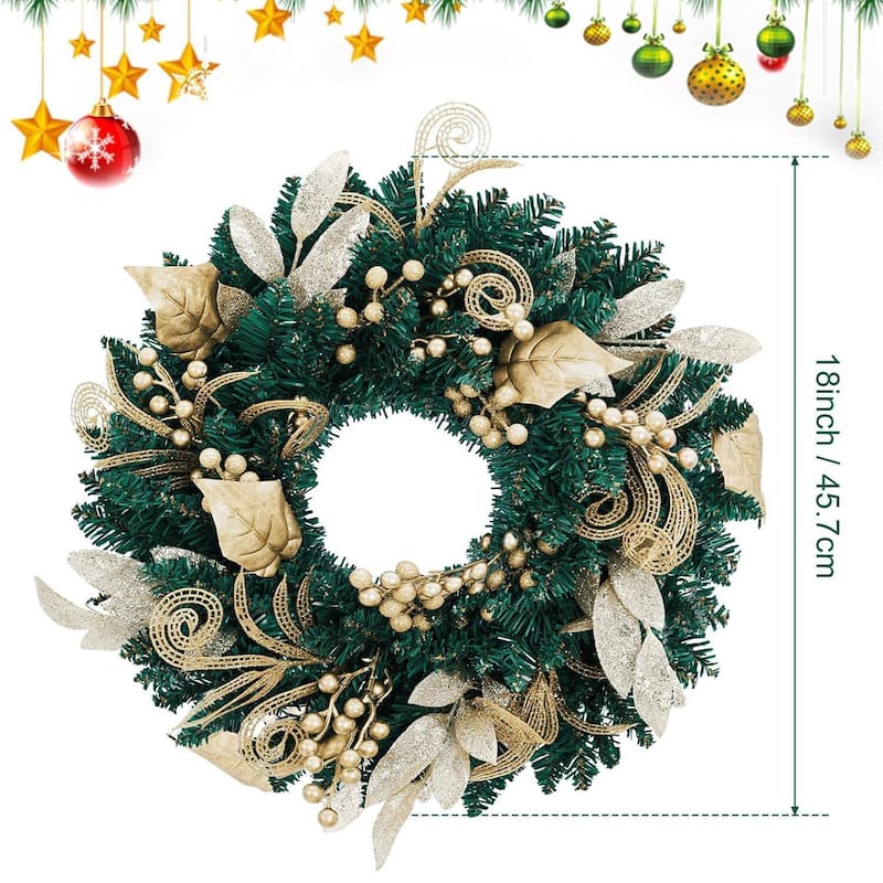 18 inch Pre-Lighted Christmas Wreath with Golden Leaves - N/A