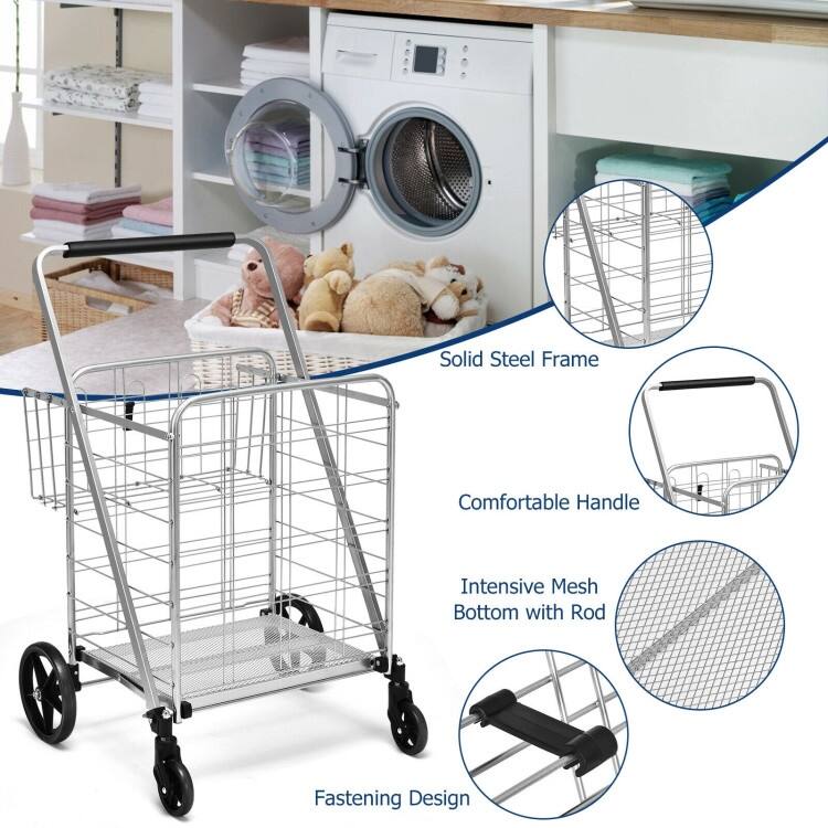 Multi-Purpose Foldable Grocery Cart with 360 Degree Front Wheels and Large Basket and Back Storage - 25" x 25" x 40"(L x W x H)