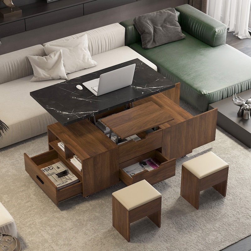 Modern Lift-Up Coffee Table with 2 Stools Set Expandable Hidden Storage + Drawers Space Saving Folding Dining Table
