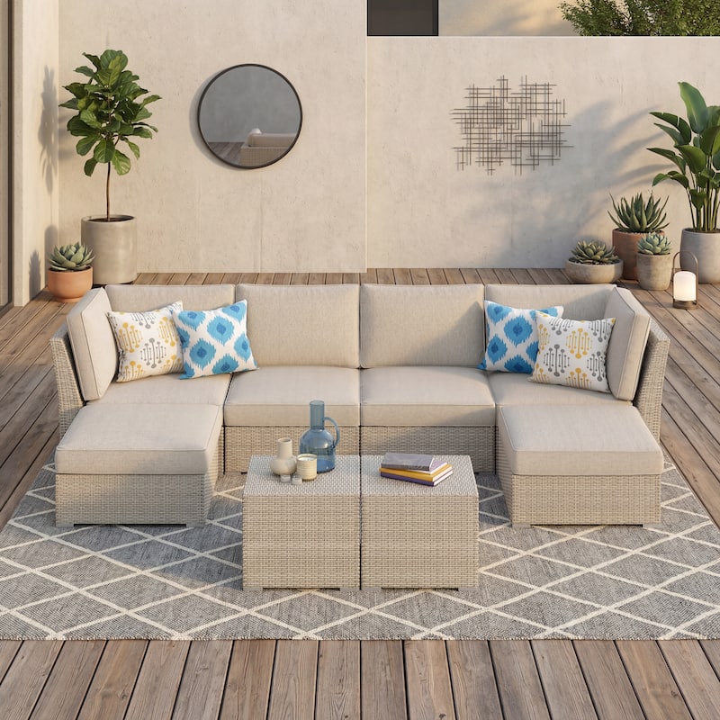 Corvus Looe 8-Piece Outdoor Sectional Set with Deep Seating, Aluminum Wicker Conversation Sofa with Ottomans