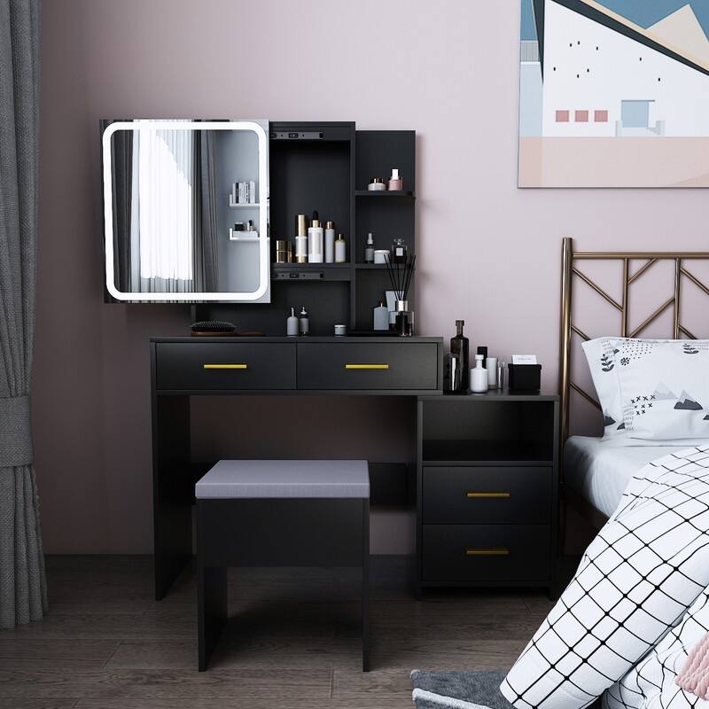 Makeup Table Set with Led Lights - Black