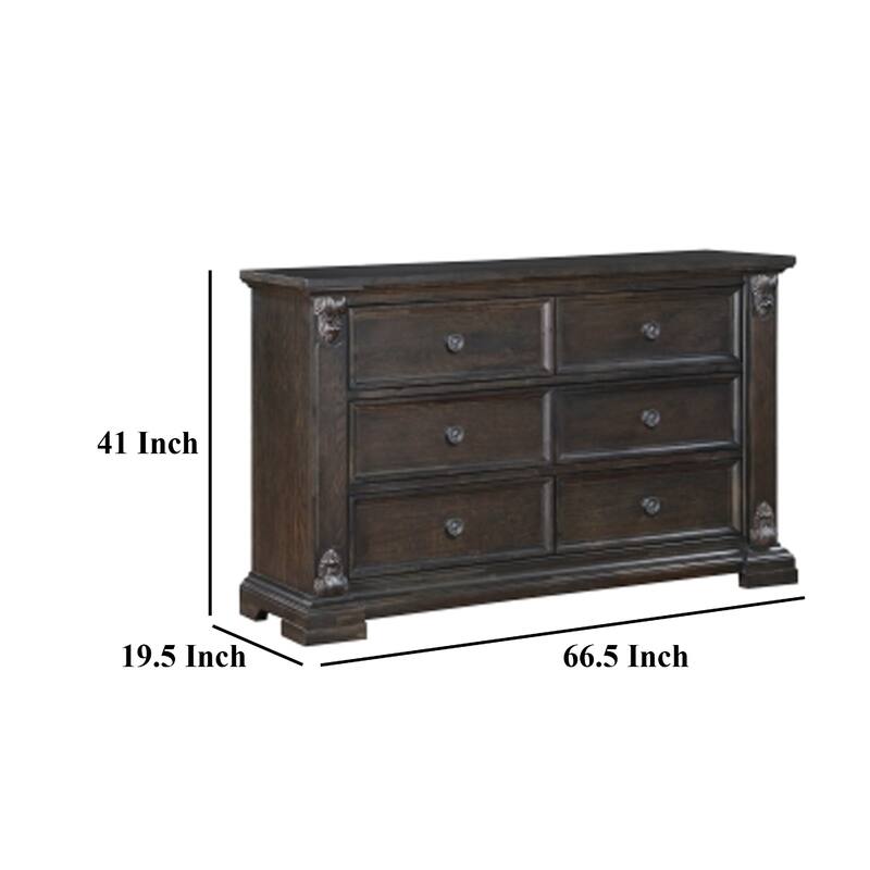 Walz 66 Inch Wide Dresser, 6 Drawers, Espresso Brown with Black Knobs