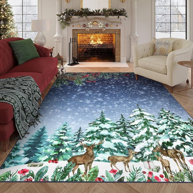 Christmas Eve Blue Xmas Area Rug, for Living Room Bedroom Office Holiday Decor - 4*6ft