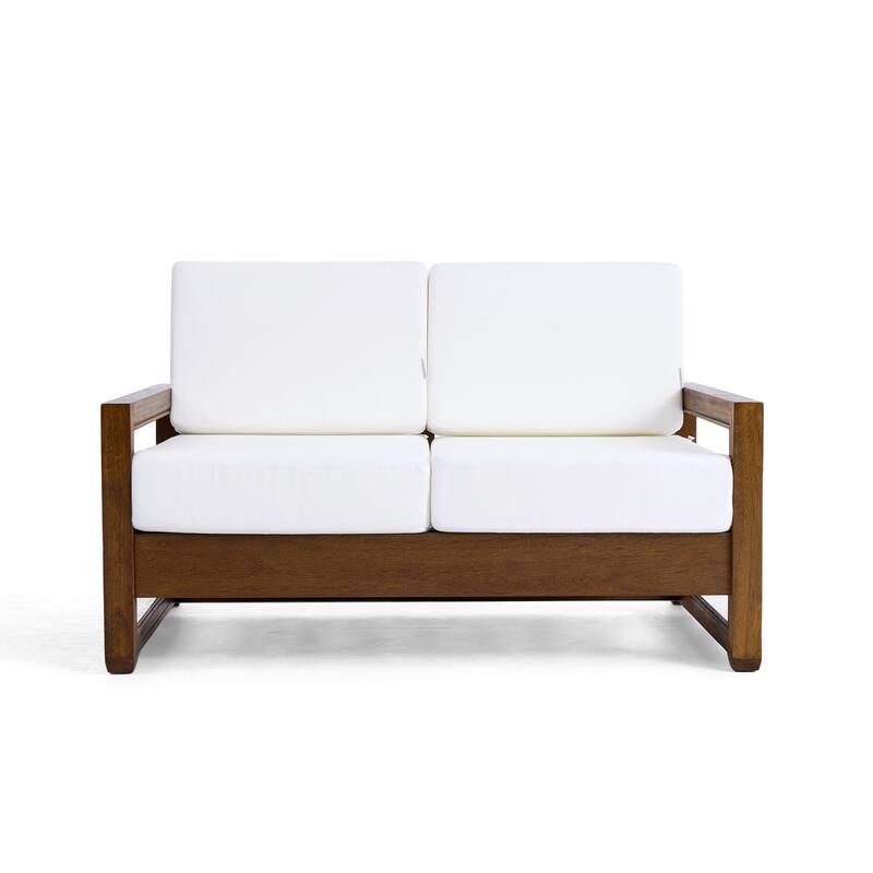 Teak Wood Cushioned Outdoor Patio Loveseat Set with Side Table
