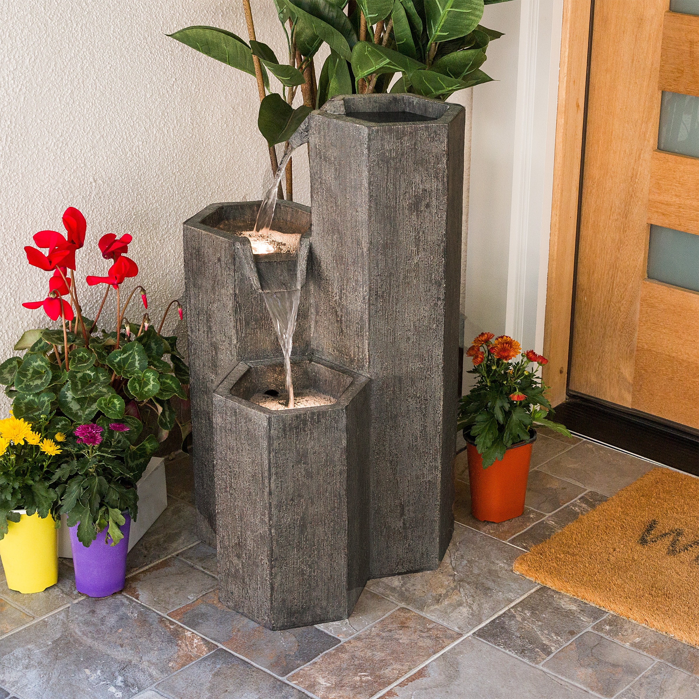 Alpine Corporation Indoor/Outdoor 3-Tier Hexagonal Columns Fountain with LED Lights
