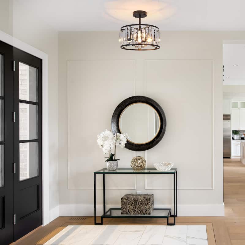 3-Light Modern Farmhouse Crystal Drum Semi-Flush Mount Lighting, Classic Semi Flush Mount Chandelier for Living Room Dining