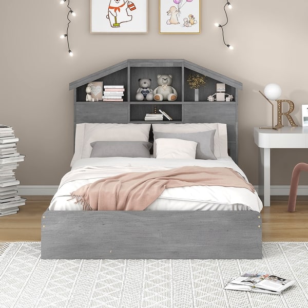 slide 2 of 13, Full Size Bed Frame Wood Platform Bed with Storage Headboard, Full Platform Bed with 5 Storage Shelves, House-shaped Design Grey - Full