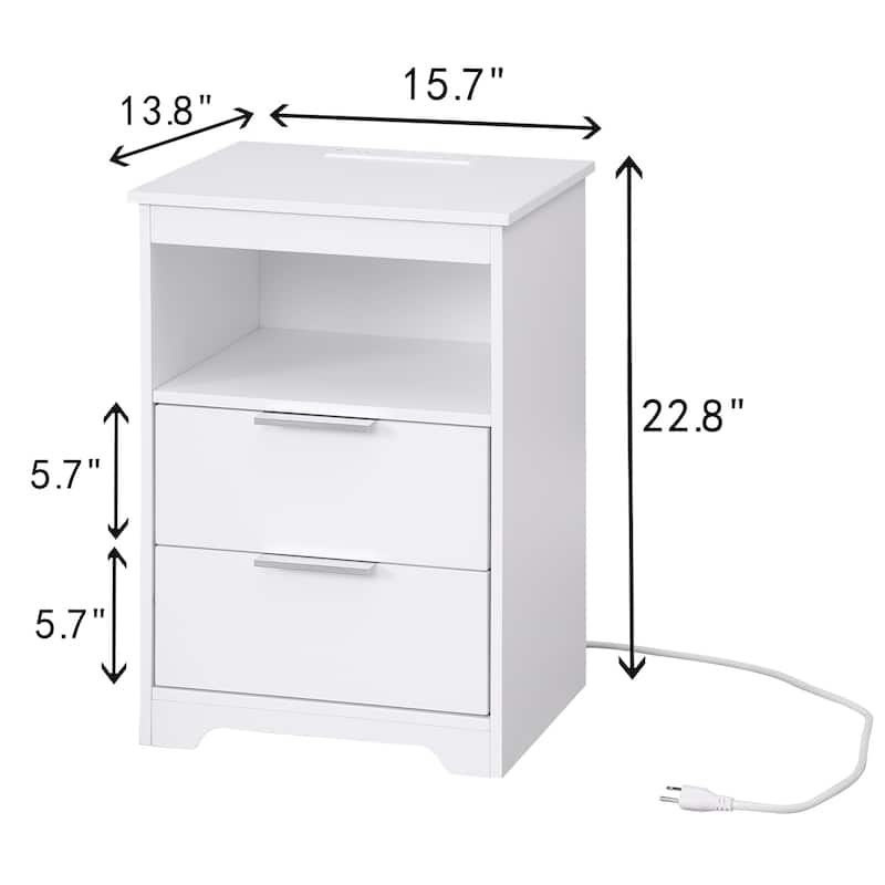 White End Table Side Table Nightstand with 2 Drawers, Lamp Table Dressing Table with Open Shelf and Charging Station