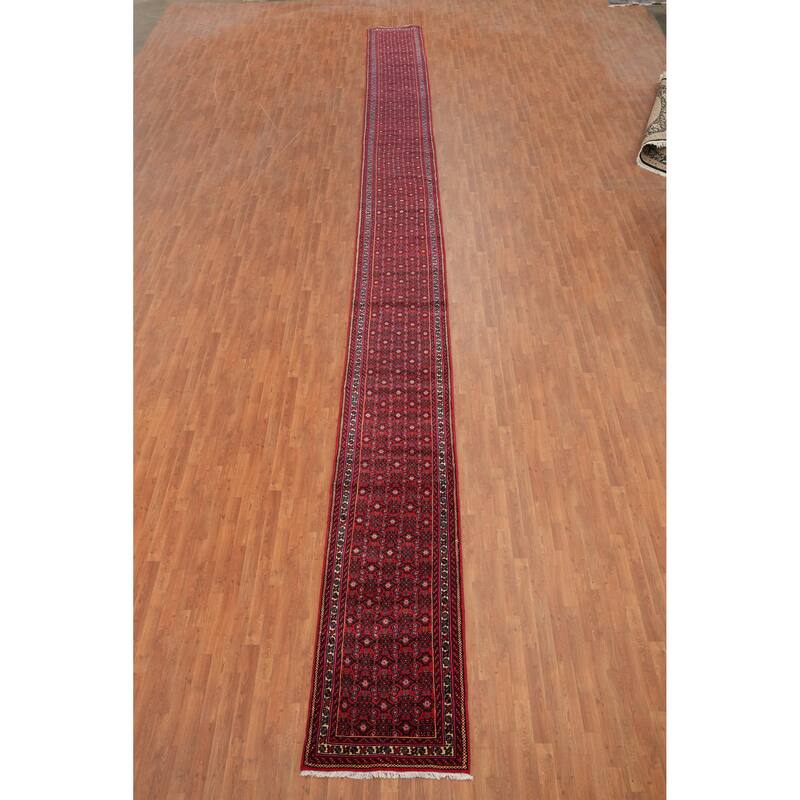 Hand Knotted Oriental 100% Wool Carpet Traditional Geometric Red Hossainabad Runner Rug - 31' 6'' X 2' 8''