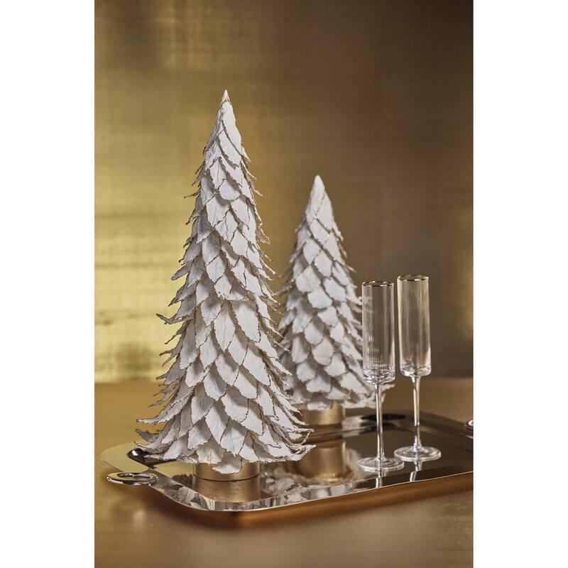 White Natural Leaf Christmas Tabletop Tree with Gold Trim, 15.5"