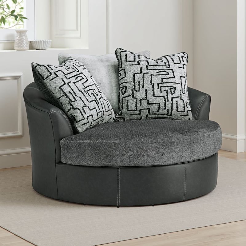 Burt Swivel Oversize Accent Chair w Pillows, Gray Fabric, Faux Leather