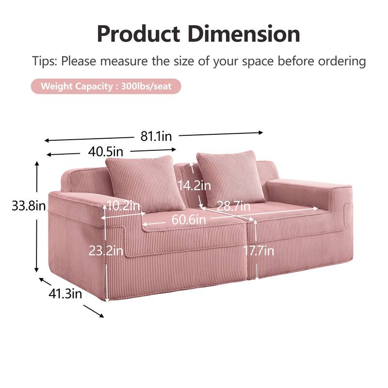 Modular 2-Seat Boneless Sofa, Modern Sectional Couch with Deep Seats, Wide Armrests, Corduroy Loveseat with Throw Pillows