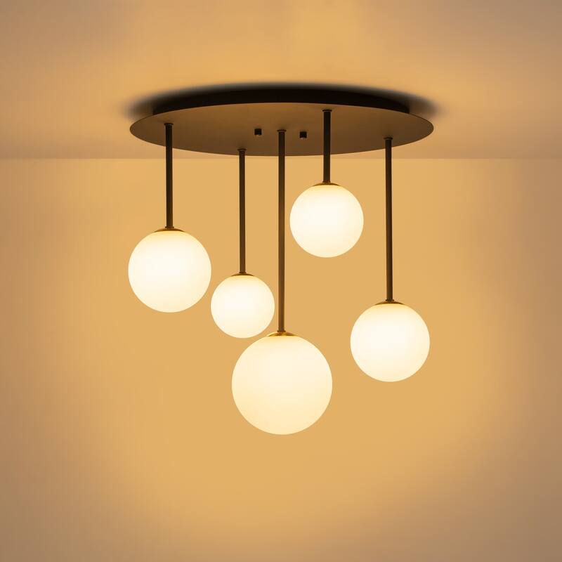 5 Light Branch Semi-Flush Mount Lighting with Milky White Glass Globes