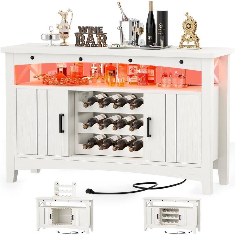 Farmhouse 47" Wine Bar Cabinet with Power Outlets & LED Lights, Industrial Coffee Bar Liquor Cabinet with Shelves & Wine Rack