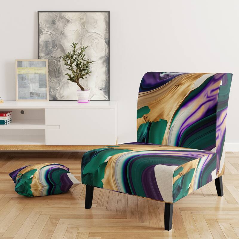 Designart "Purple, Green And Gold Bold Strokes I" Upholstered Modern & Contemporary Accent Chair and Modern Arm Chair - Slipper Chair
