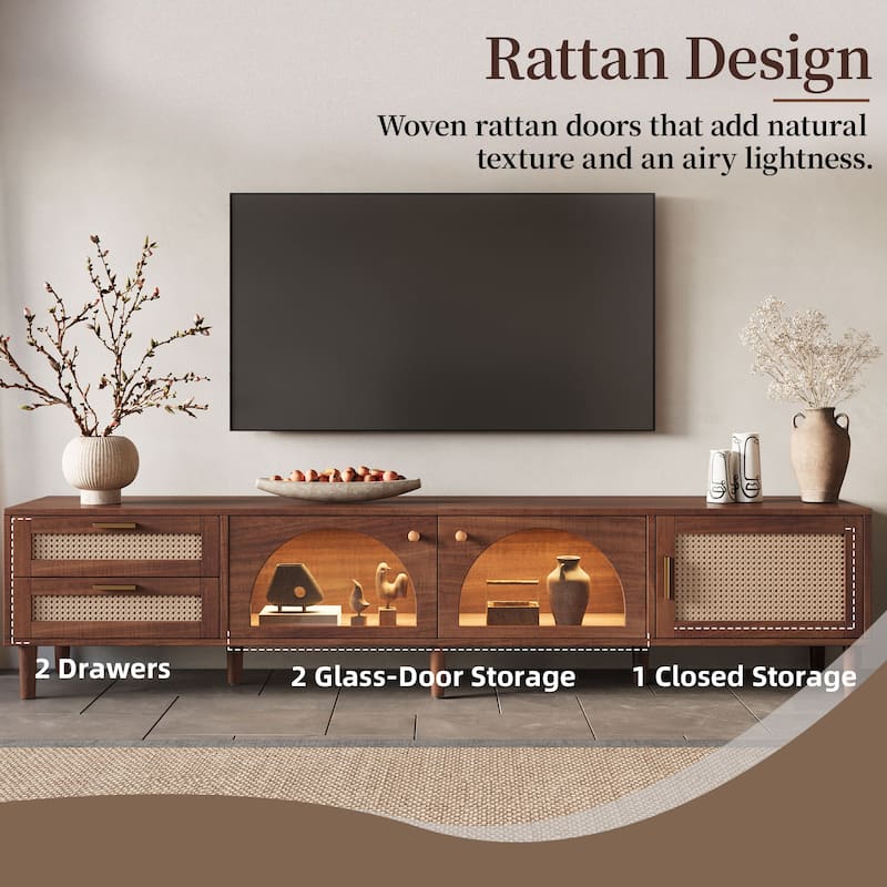 86 inch TV Stand for TVs up to 90", Entertainment Center with App Controlled LED Lights, 2 Drawers & Glass Door Storage