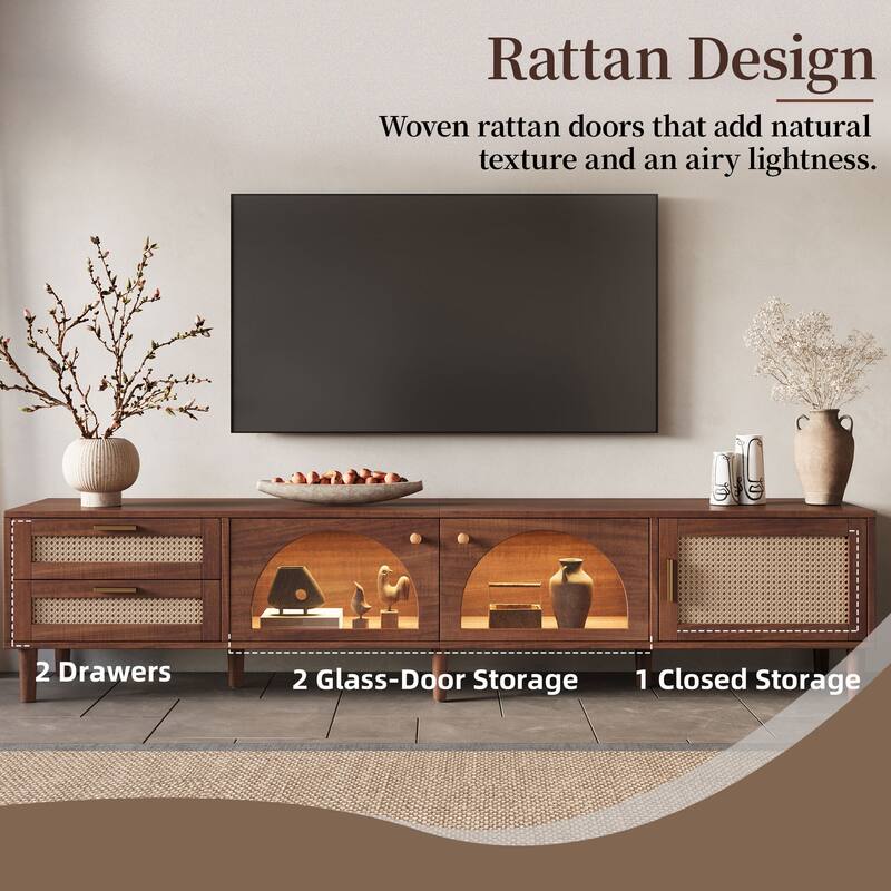 Entertainment Center with App Controlled LED Lights, 2 Drawers & Glass Door Storage