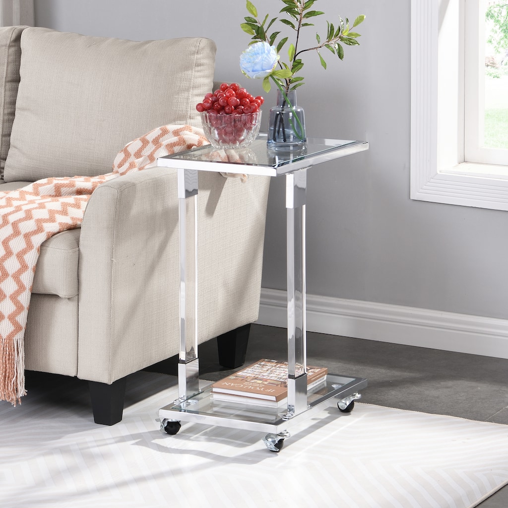 Chrome Glass Side Table, Acrylic End Table, Glass Top C Shape Square Table