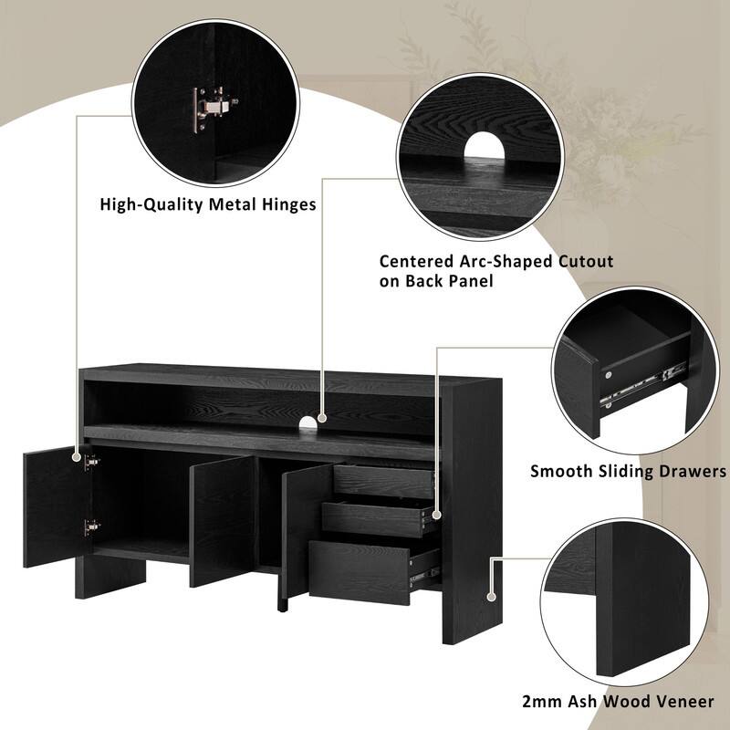 60" 3-Door Sideboard with 3 Drawers - Modern Solid Ash Veneer MDF Sideboard, Semi-Open Shelf