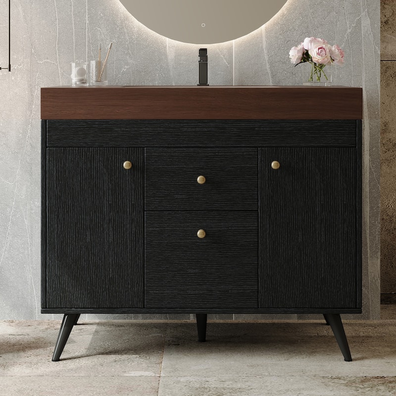 36" Modern Freestanding Bathroom Vanity with Sintered Stone Top, Ceramic Sink & Smart Storage