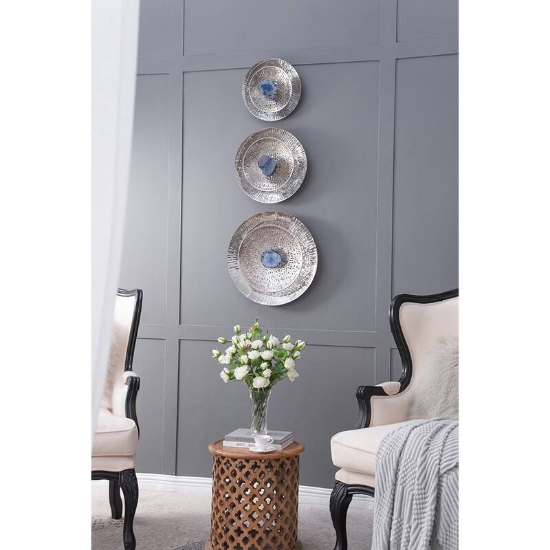 Set of 3, Modern Wall Decor Silver Textured Oversized Disc with Blue Agate, for Living Room Bedrrom Entryway Office