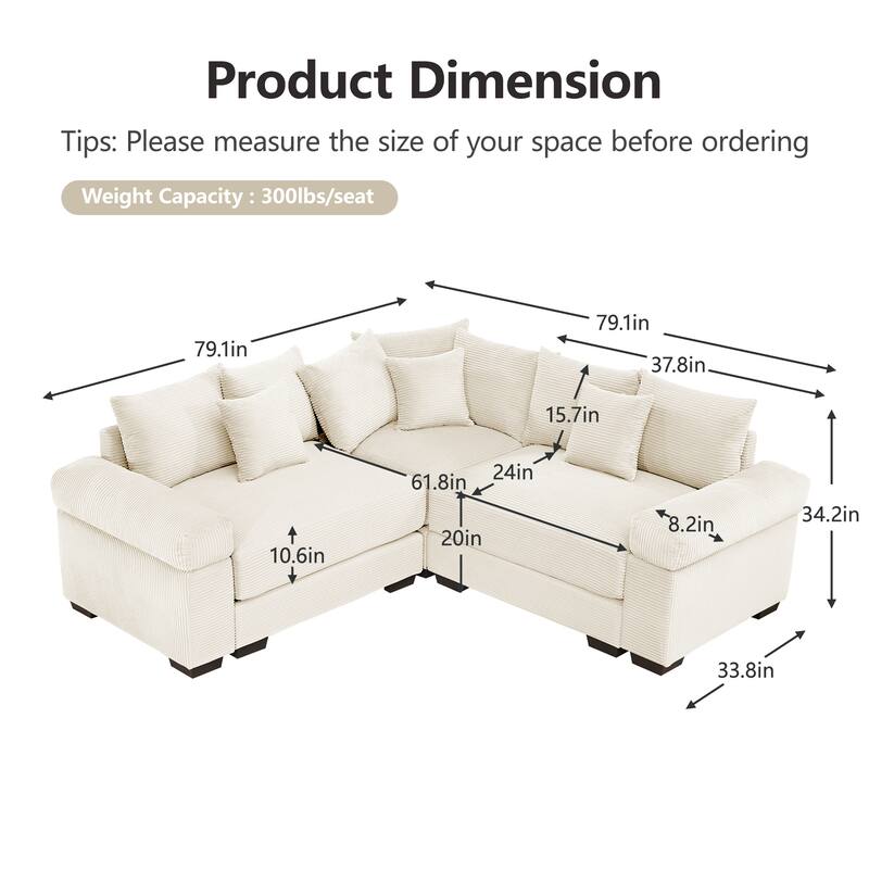 GDFStudio - Corduroy L-Shaped 3-Seater 79.1" Cloud Modular Sectional Couch